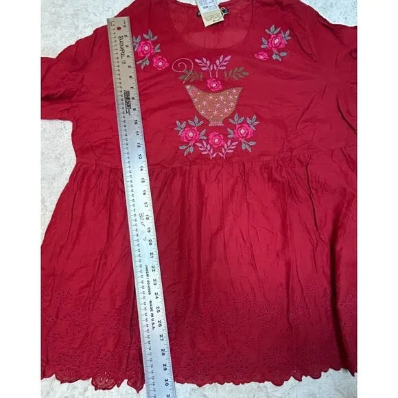 Gudrun Sjoden Okarina Eco-Cotton Blouse Womens XL Cranberry Red Lagenlook New